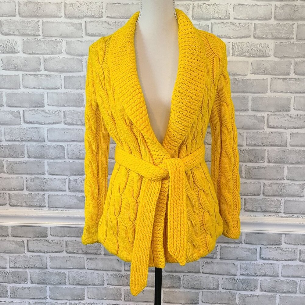 Vintage Handmade Yellow Crochet Cardigan Fisherman Cable Knit Belted Large